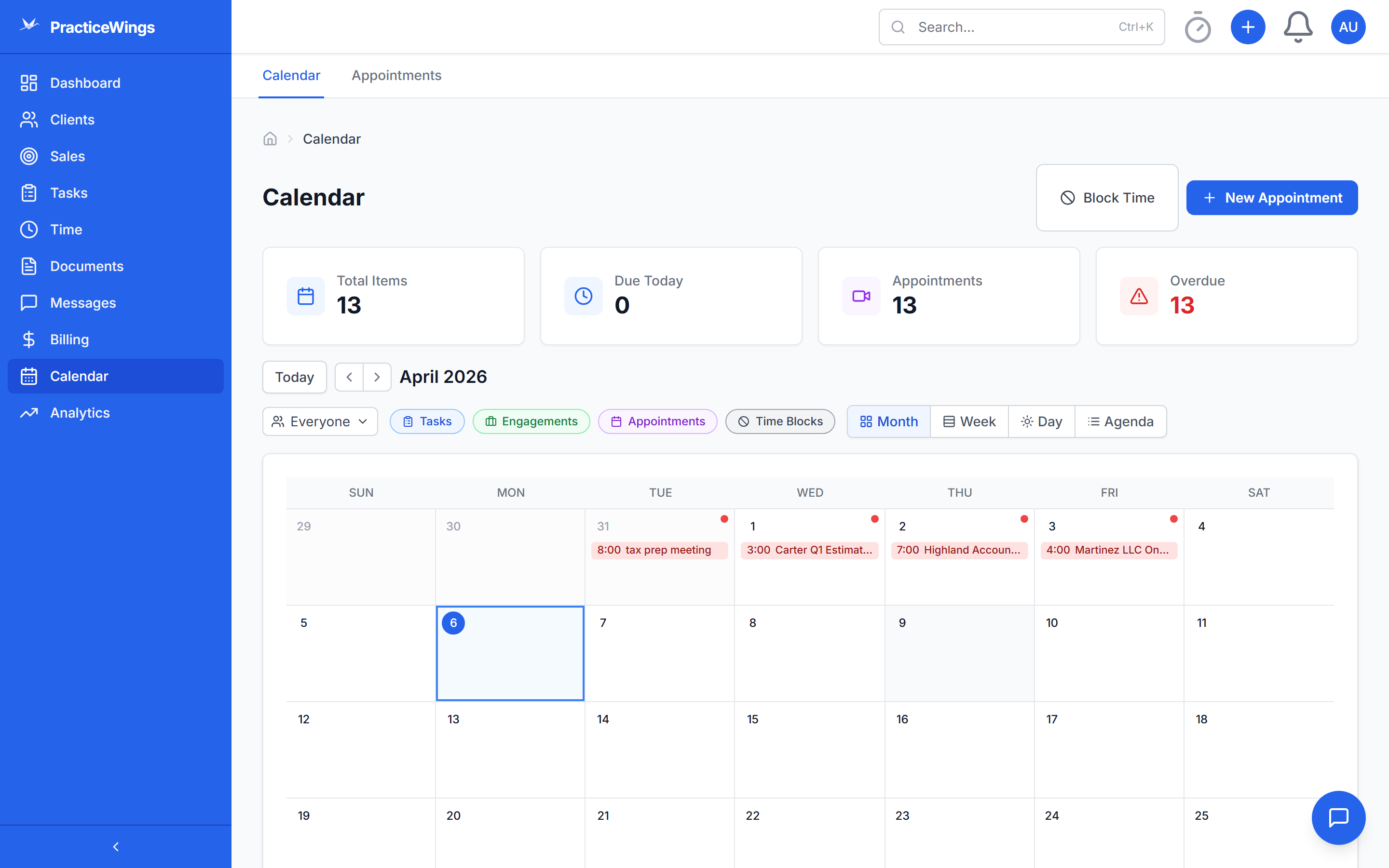 Calendar showing deadlines, appointments, and team availability